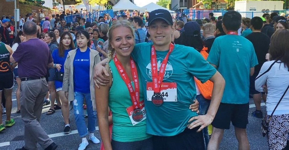 Alex and Brayden York after completing the 2016 BMO Vancouver Marathon.